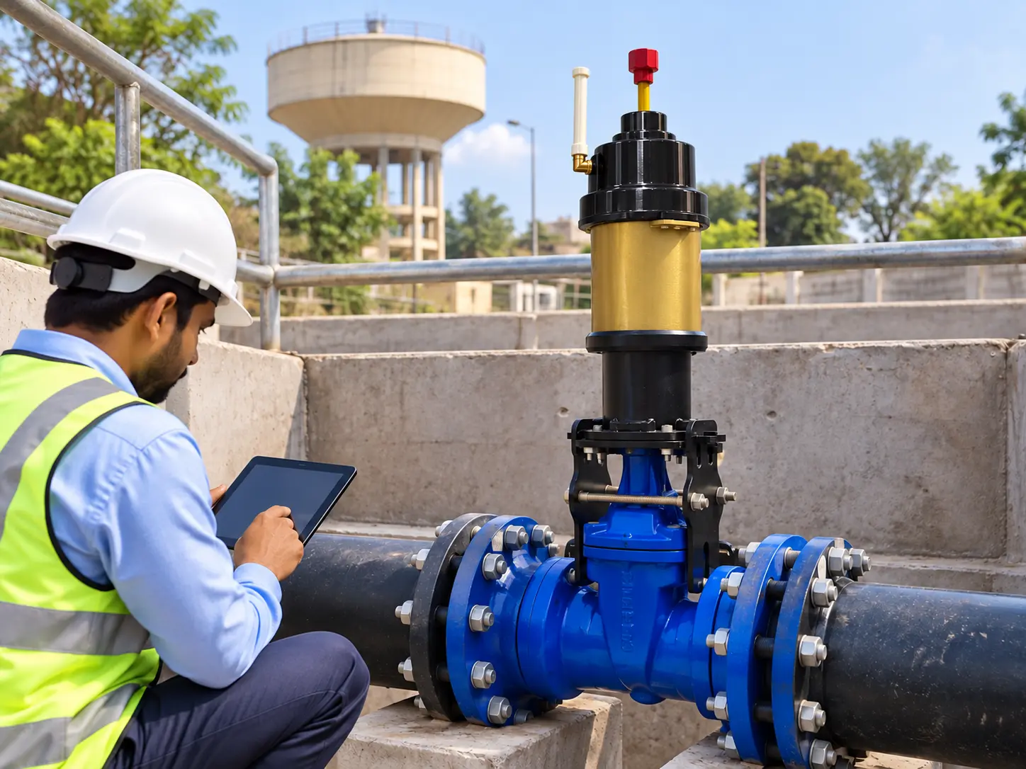 City valve installation near water storage
